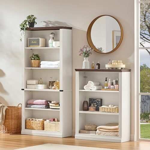 43" White Bookshelf, 3 Tier Farmhouse Small Wooden Book Shelf, view 4
