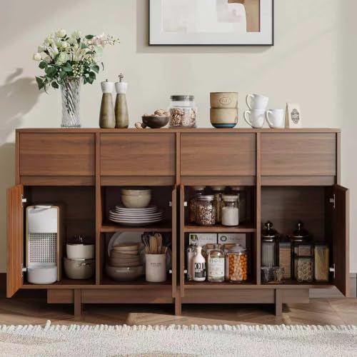 55in Walnut Buffet Cabinet, Mid Century Wood Sideboard Storage, view 7
