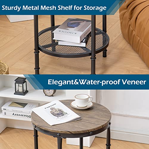 20" Side Table, Round End Tables Living Room, Industrial Small End Table with Metal Mesh, Rustic Farmhouse Side Tables for Bedroom, Office, Corner, Walnut