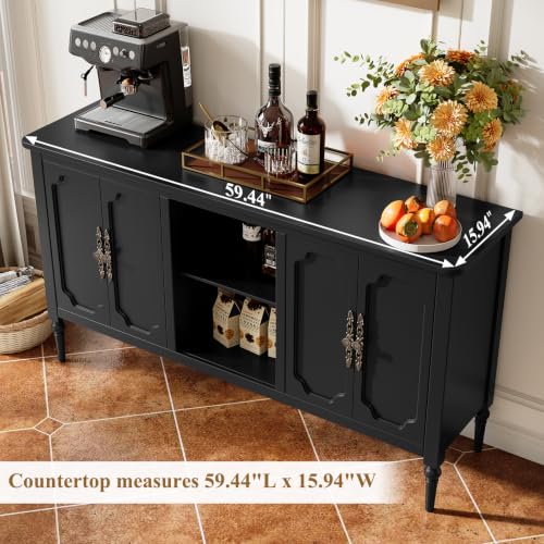 59" Vintage Sideboard Buffet Cabinet with Adjustable Shelves, Black, view 5