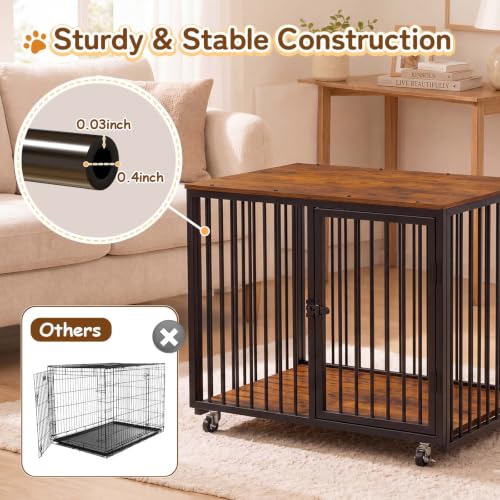 Dog Crate Furniture, Wooden Dog Kennel Indoor w/Storage(Rustic Brown), view 7