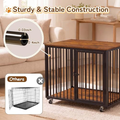 Dog Crate Furniture, Wooden Dog Kennel Indoor w/Storage(Rustic Brown), view 7