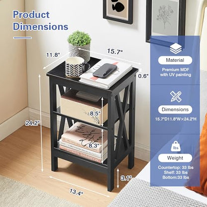 End Side Table Night Stand Set Of 2,X-Design with Storage Shelf for Bedroom,Living Room,Black
