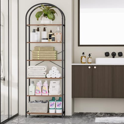 6-Tier Bookshelf Arched Display Racks, Wood and Metal Bookcase, Tall Bookshelf, Industrial Display Standing Shelf Unit, for Home Office, Living Room, Bedroom, Bathroom, Rustic Brown