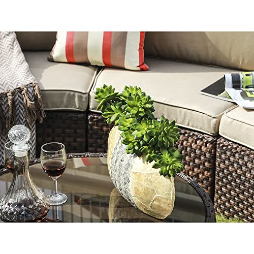Round Outdoor Coffee Table with Tempered Glass Top, 28in Rattan PE Resin Wicker Patio Side Table, Brown