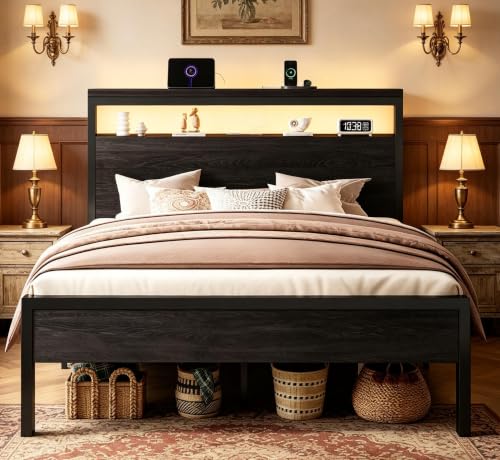Queen Bed Frame, 2-Tier Storage Headboard, LED, Charging Station, view 2
