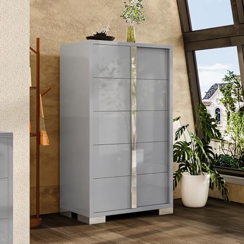 5 Drawer Dresser with Glossy Finish, Modern Storage Chest, Grey, view 2