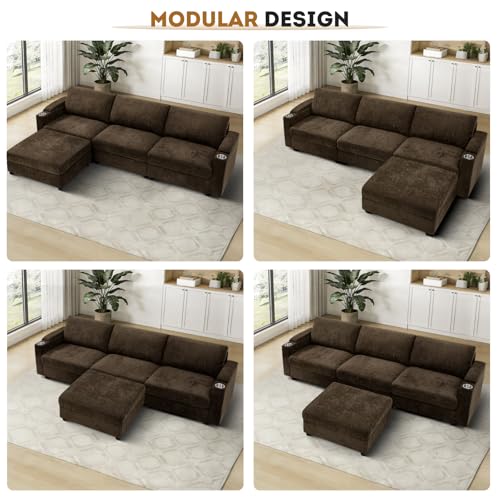 108'' Chenille Sectional Couch with Storage Armrests,L Shaped Upholstered Sofa with Movable Ottoman, 4-Seat Modular Couch with Cup Holders for Living Room, Brown
