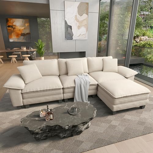 124" Oversized Modular Sectional L Shaped Sofa,Chenille Beige | 4-Seater Living Room Couches, Wider Armrest and Deep Seat, Comfy Cloud Couch with Ottoman, Wood Sturdy Frame