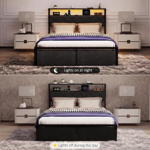 Queen Bed Frame with LED Lights, Charging Station & 2 Storage Drawers, view 8