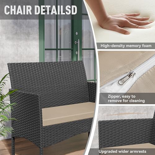 Patio Furniture Set 4 Pieces Outdoor Wicker Rattan Chairs Conversation Sets w/Coffee Table, Rocking Bistro Set, for Deck,Patio,Backyard,Lawn (Sand)