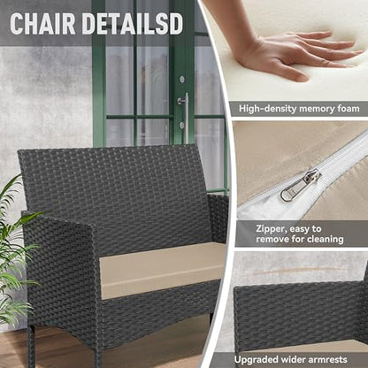 Patio Furniture Set 4 Pieces Outdoor Wicker Rattan Chairs Conversation Sets w/Coffee Table, Rocking Bistro Set, for Deck,Patio,Backyard,Lawn (Sand)
