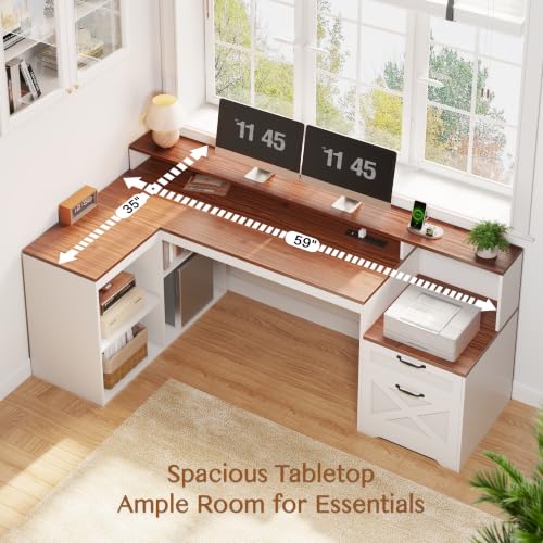 59" Farmhouse L Shaped Desk with Drawers and Printer Stand, view 7