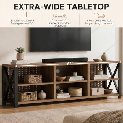 TV Stand with Storage Shelves for 75 Inch TV Rustic Oak 63 Inch, view 8