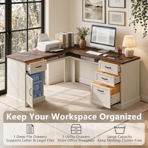 L Shaped Executive Desk with Storage, 4 Drawers, Brown & White, view 5