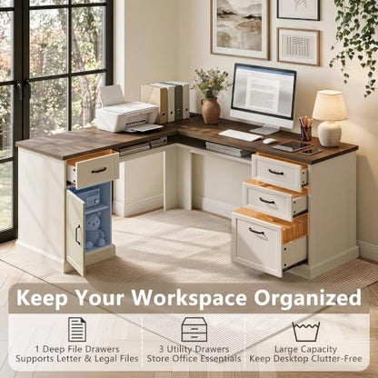L Shaped Executive Desk with Storage, 4 Drawers, Brown & White, view 5