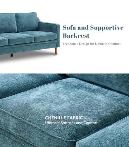 80" Chenille Sofa, 3 Seater Couch, Mid Century Modern Couches with Solid Wood Legs for Living Room Bedroom