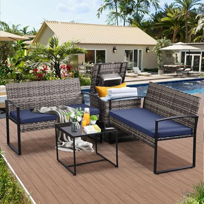 4 Piece Patio Furniture Set w/Built-in Cooler Storage Box, Grey/Blue | All-Weather Hand-Woven Rattan | Tempered Glass Table | Beverage Cooler | Comfy Loveseat | Indoor & Outdoor Use