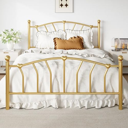 Full Size Metal Bed Frame, Heart-Shaped Design, Gold, view 3