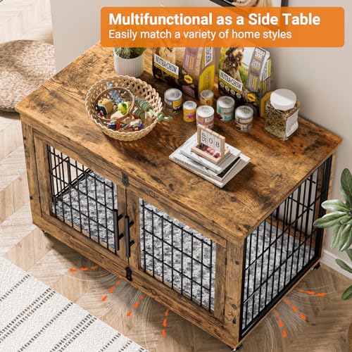 Large Dog Crate Furniture, 38'' Heavy Duty Wood Kennel w/Cushion & Wheels, view 5