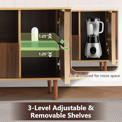 63" Fluted TV Stand with Storage for TVs up to 75", Brown | Modern Mid Century Entertainment Center Media Console with Adjustable Shelves and Open Storage for Living Room, Bedroom