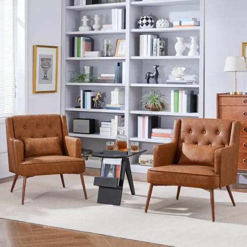 Yaheetech Accent Chair, Living Room Chair Mid Century PU Leather Armchair Lumbar Pillow, Comfy Upholstered Reading Chair Wood Leg Bedroom Brown 2PCS