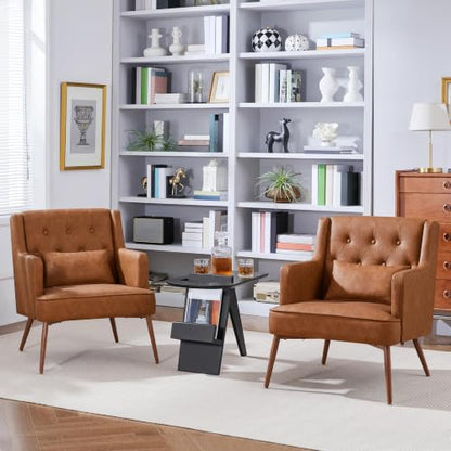 Yaheetech Accent Chair, Living Room Chair Mid Century PU Leather Armchair Lumbar Pillow, Comfy Upholstered Reading Chair Wood Leg Bedroom Brown 2PCS