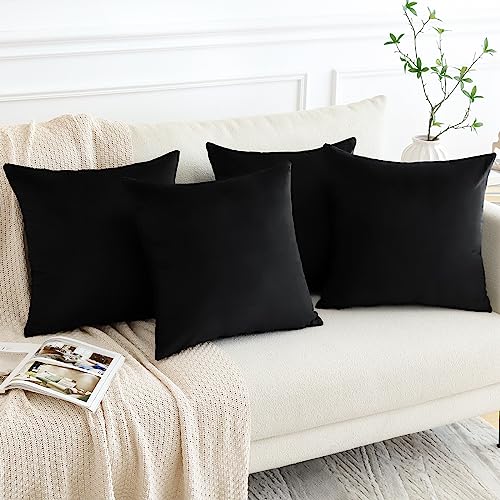 Set of 4 Decorative Throw Pillow Covers Soft Velvet Solid Square Pillow Cases Luxury Cushion Covers Case for Sofa Car Patio Bedroom Living Room 18x18 Inch, Black