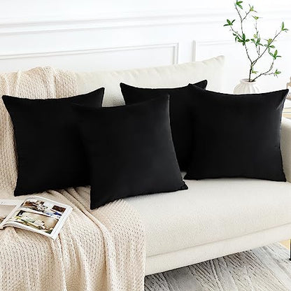 Set of 4 Decorative Throw Pillow Covers Soft Velvet Solid Square Pillow Cases Luxury Cushion Covers Case for Sofa Car Patio Bedroom Living Room 18x18 Inch, Black