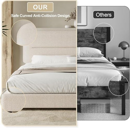 Queen Size Cloud Bed Frame, Beige Plush Boucle Upholstered Bed, view 6