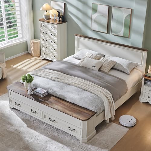 Farmhouse King Bed with Headboard and Storage Bench, Antique White, view 2