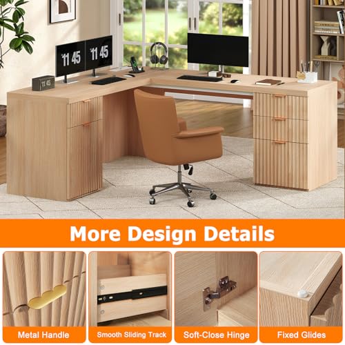 69" Fluted L Shaped Executive Desk with Power Outlets & File Drawer, view 7