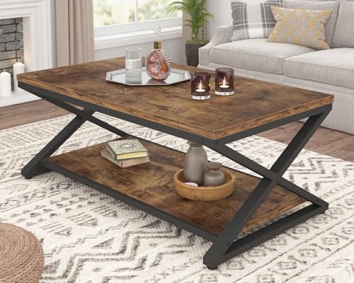 Wood Coffee Table with Storage, Farmhouse Rustic Brown Coffee Table for Living Room, Modern Minimalist 2 Tier Center Table, Simple Rectangle Cocktail Tea Table in Home Office Bedroom, 39 Inch