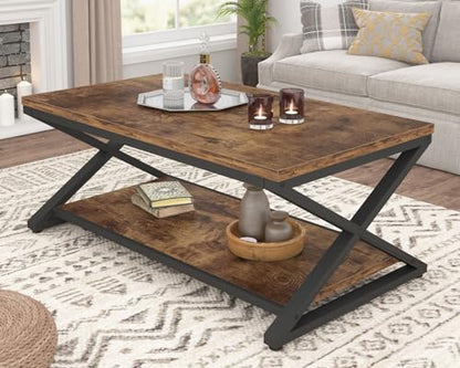 Wood Coffee Table with Storage, Farmhouse Rustic Brown Coffee Table for Living Room, Modern Minimalist 2 Tier Center Table, Simple Rectangle Cocktail Tea Table in Home Office Bedroom, 39 Inch