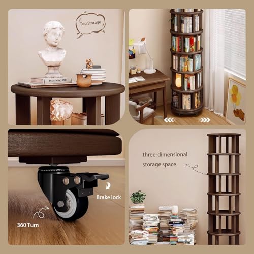 6Tier Solid Wood 360° Rotating Bookshelf Tower Round Revolving Book Shelf, view 7