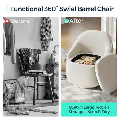 Swivel Accent Chair with Storage Comfy Chenille Barrel Chairs, Small 360 Swivel Modern Armchair for Living Room Bedroom, Boucle Reading Chair for Study Room (Beige)