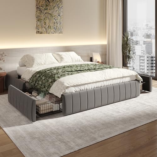 Full Size Velvet Upholstered Platform Bed Frame with 4 Storage Drawers, Vertical Channel Tufted, Low Profile, Fits Standard Headboards, Wooden Slats Support, Easy Assembly, Grey