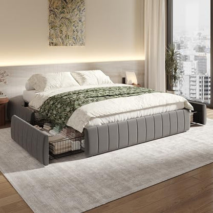 Full Size Velvet Upholstered Platform Bed Frame with 4 Storage Drawers, Vertical Channel Tufted, Low Profile, Fits Standard Headboards, Wooden Slats Support, Easy Assembly, Grey