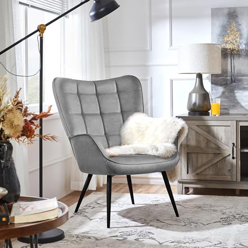 Yaheetech Accent Chairs, Large PU Leather High-Back Chair w/Metal Legs, Pottery Barn Style Living Room Chairs for Bedroom/Home Office, Gray