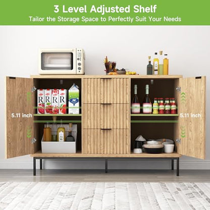 Sideboard Buffet Cabinet with Storage, Modern Fluted Cabinet with 2 Doors 3 Drawers, Coffee Bar Accent Storage Credenza, for Kitchen, Living, Dinning Room, Oak