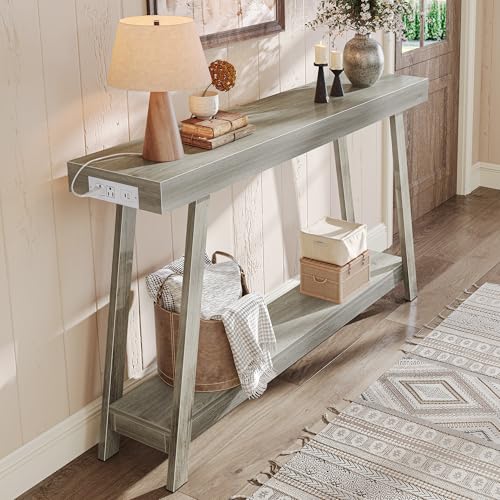 Console Table with Charging Station, USB-C Port, 2 Tiers Entryway Table, 53.9 Inch Sofa Table with Metal Legs, Entry Hallway Table with Thicker Desktop, Modern Behind Couch Table, Grey