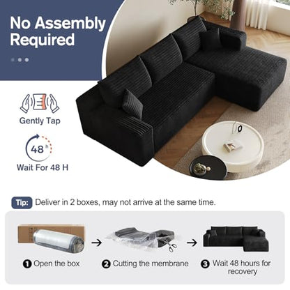 96.5" L-Shape Boneless Modular Sectional Cloud Couch in a Box with Chaise Modern Comfy Corduroy couches for Living Room-Memory Foam Compressed Sofa,No Assembly Required(Black)