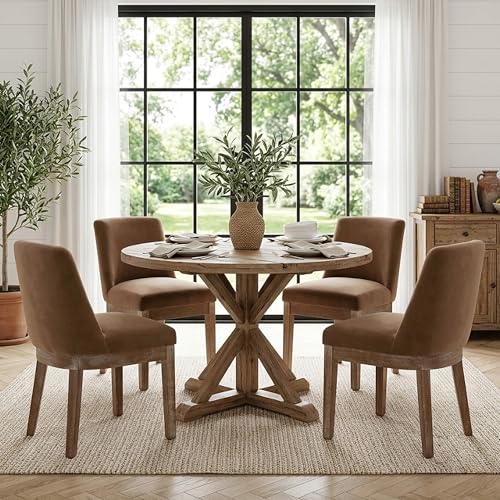 Modern Dining Chairs Set of 2 with Comfortable Back Support, Farmhouse Soft Velvet Upholstered Kitchen Dining Room Chairs with Solid Wood Legs, Armless Accent Side Chairs for Living Room, Khaki