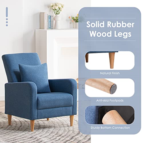 Modern Upholstered Accent Chair Armchair with Pillow, Fabric Reading Living Room Side Chair,Single Sofa with Lounge Seat and Wood Legs, Blue