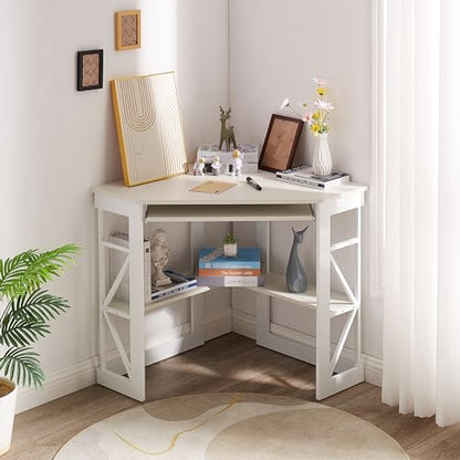 Corner Desk Computer Desk Writing Table with Smooth Keyboard Tray & Storage Shelves,Compact Home Office Triangle Table,White
