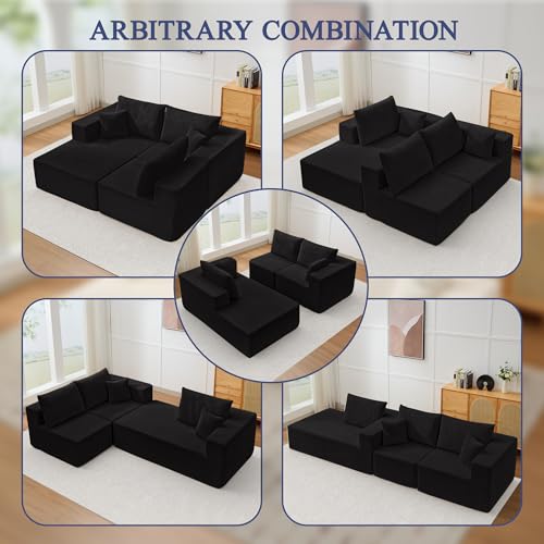 Modular Sectional Sofa for Living Room, 108" Cloud Couch Sectional with L-Shape Chaise, Modern Upholstered Corduroy Boneless Couch with Memory Foam Deep Seat, No Assembly Required (Black)