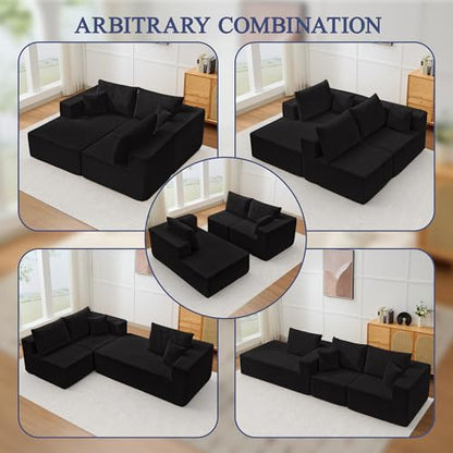 Modular Sectional Sofa for Living Room, 108" Cloud Couch Sectional with L-Shape Chaise, Modern Upholstered Corduroy Boneless Couch with Memory Foam Deep Seat, No Assembly Required (Black)
