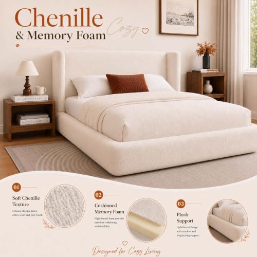 Queen Size Upholstered Bed Frame with Headboard, Cloud Boucle Bed Frame, view 5