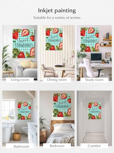 NuYeBiofx Summer Strawberries Teal Buffalo Canvas Wall Art Prints,30"x20" Framed Picture Artwork Watercolor Fruit Flower Leaf Printed Canvas Oil Painting for Living Room Bedroom Office,Ready to Hang