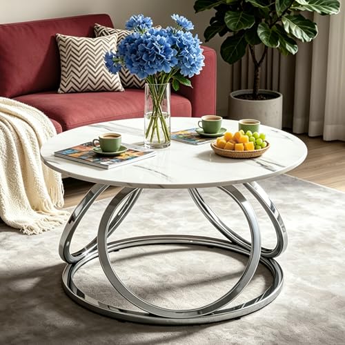 Silver Coffee Table, Round Coffee Table Faux Marble Veins, Modern Center Table with Chrome Finish, for Living Room, Home Office, 1 PC